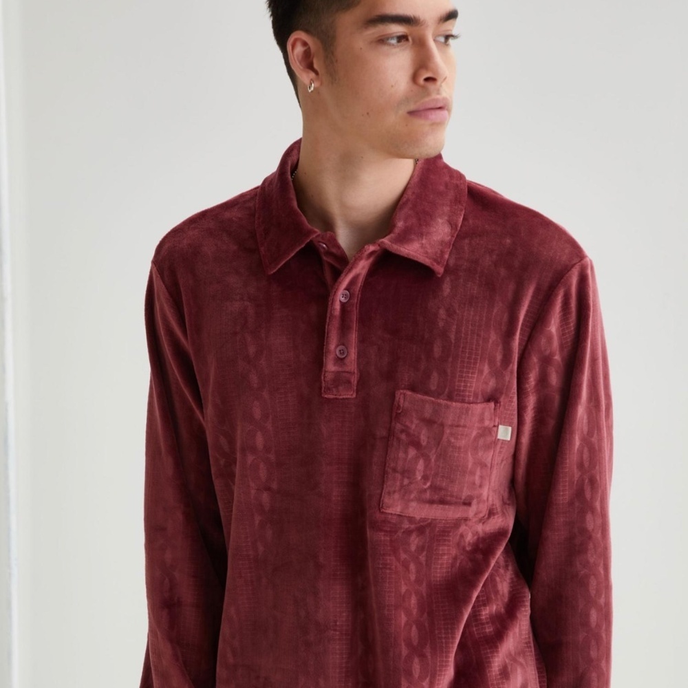 Standard Cloth Men’s Maroon Velour Polo Sweat Shirt Size Small Button Up Pocket